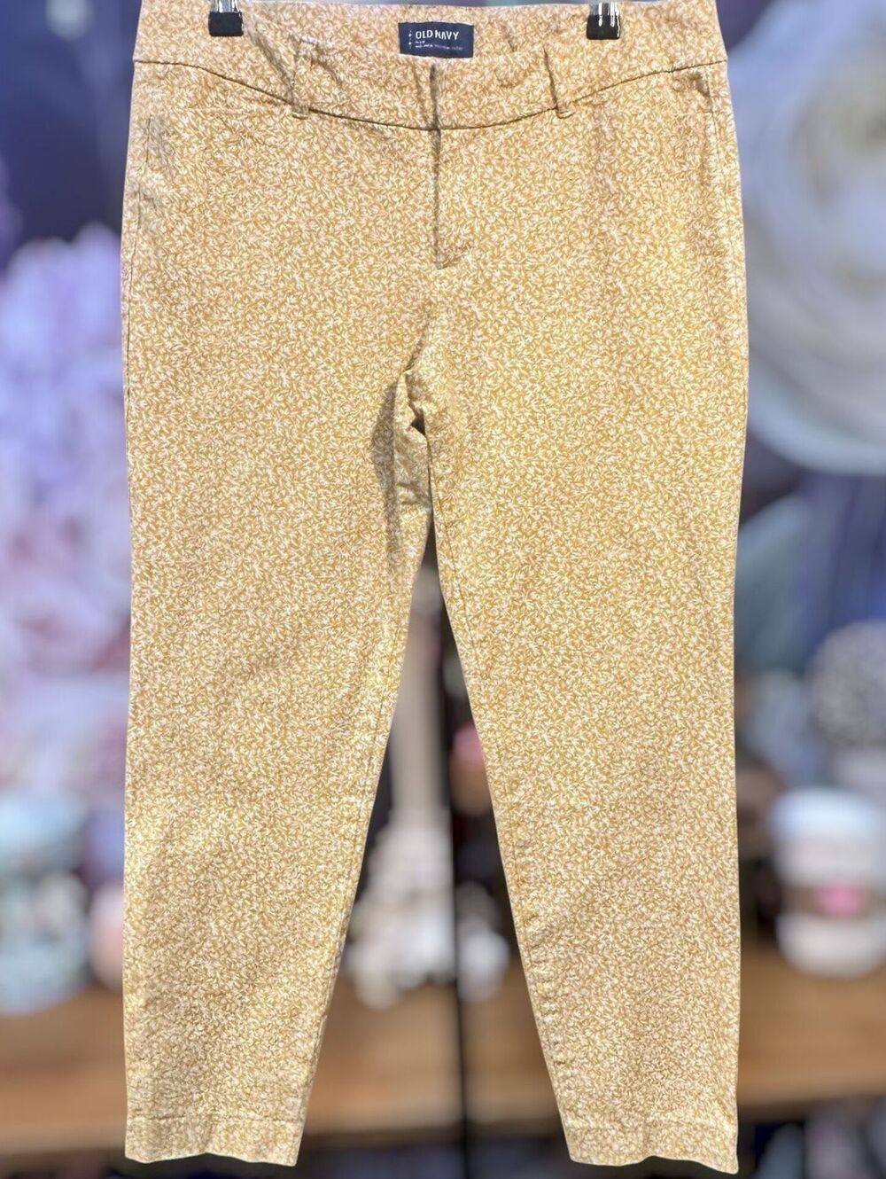 Old Navy 10 Mustard Floral Pixie Pants Mid Rise Slim Cottagecore Romantic Cotton